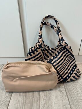 Woven Navy and Beige Tote with Beige Pouch-Magnetic Enclosure